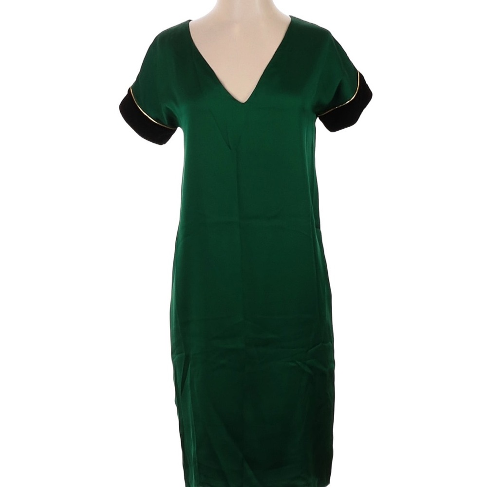 Hoss Intropia Green Black and Gold V-Neck Silky Sleek Midi Dress
